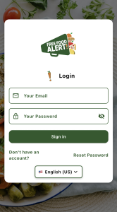 A screenshot of the Free Food Alert login in page. The logo of Free Food Alert is above a login in prompt asking for an email and your password. Below is a green sign in button. Below is text reading "Don't have an account?" and "Reset Password". Below is a tab reading English (US) for using to select their language. 
